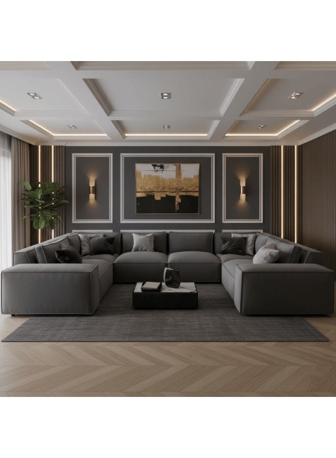 مردود السعودية كنبة زاوية ركنة على شكل حرف U مصنوعة من خشب سويدي طبيعي مع قماش كتان مقاس 212 × 380 × 212 سم - اللون رصاصي - الموديل ELEGSOF23 - Image 1